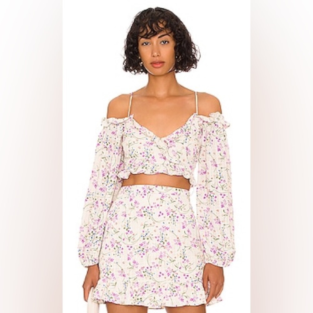 REVOLVE More to Come Caroline Ruffle Top in Purple Floral and ruffle skirt Set